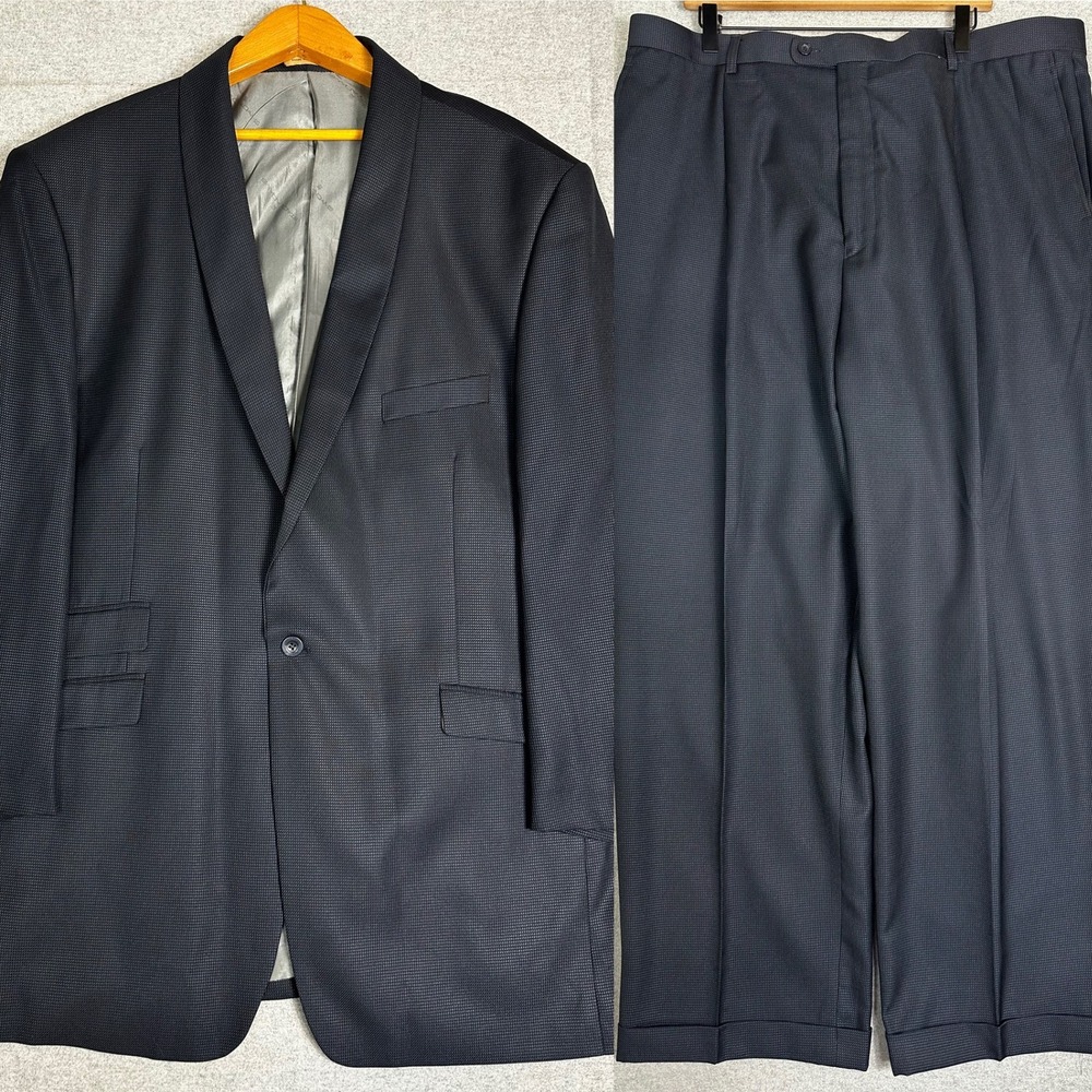 Stacy Adams Suit Men 52L 47x30 Navy Blue Micro Check Cuffed Trousers